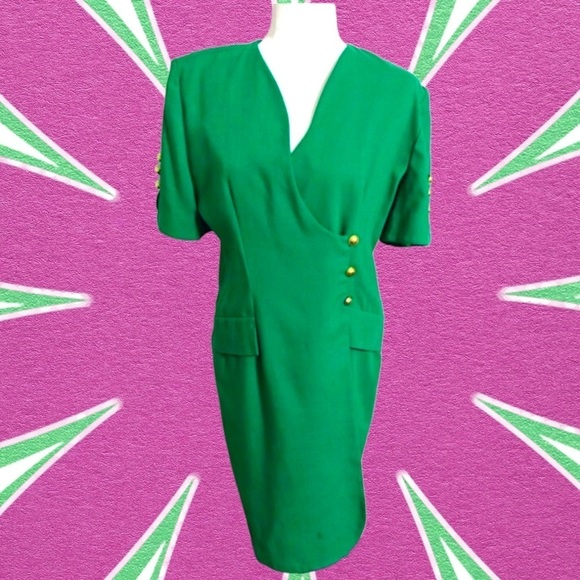 VTG Caron Petite blazer dress sz S/M vintage faux wrap gold button midi sheath - Picture 1 of 5